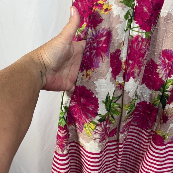🎹 Nine West Pink and Green Floral striped tank Midi Dress cotton - Picture 3 of 5